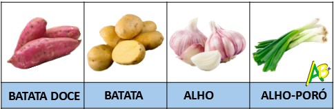 vegetais: batata doce, alho, alho-poró